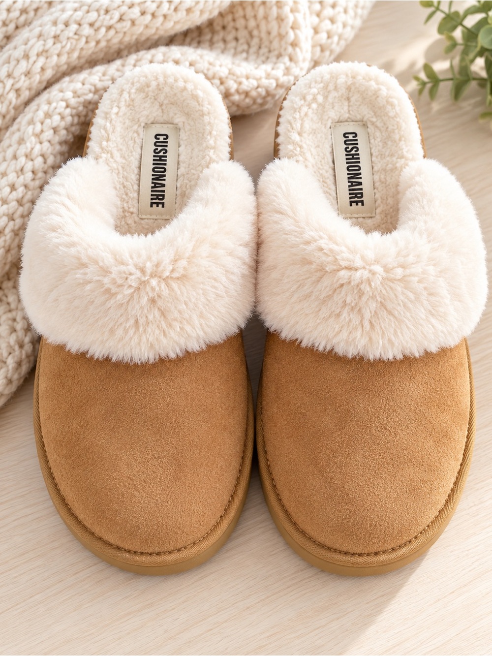 Cushionaire Woman 8.5 Tan Suede Slippers with Cream Shearling Lining
